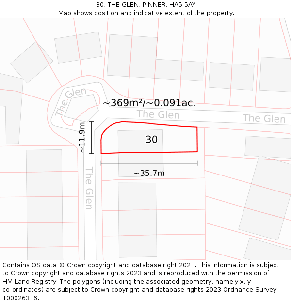 30, THE GLEN, PINNER, HA5 5AY: Plot and title map