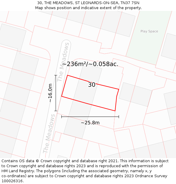 30, THE MEADOWS, ST LEONARDS-ON-SEA, TN37 7SN: Plot and title map
