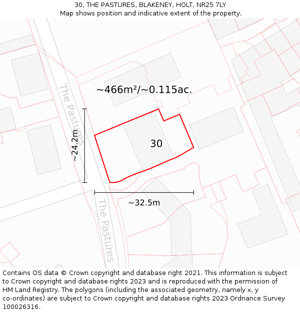 30, THE PASTURES, BLAKENEY, HOLT, NR25 7LY: Plot and title map