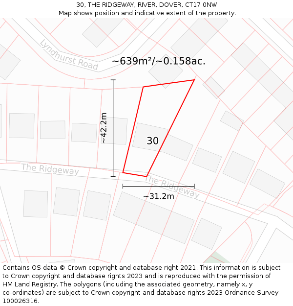 30, THE RIDGEWAY, RIVER, DOVER, CT17 0NW: Plot and title map