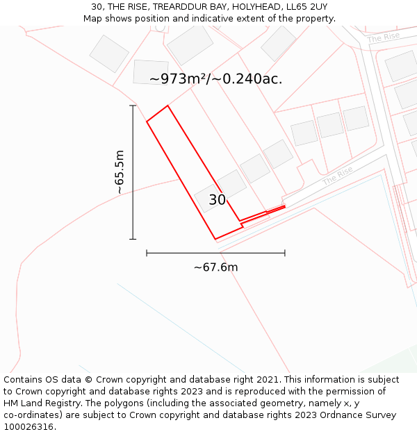 30, THE RISE, TREARDDUR BAY, HOLYHEAD, LL65 2UY: Plot and title map