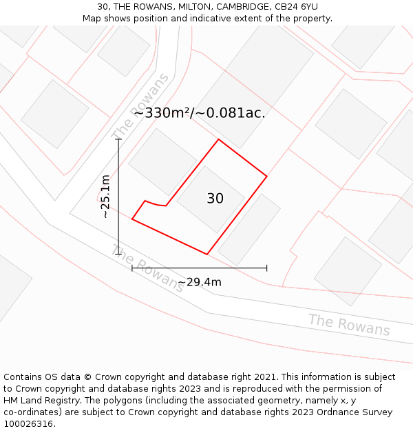 30, THE ROWANS, MILTON, CAMBRIDGE, CB24 6YU: Plot and title map