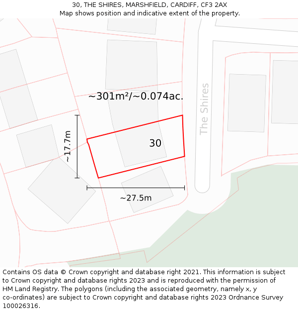 30, THE SHIRES, MARSHFIELD, CARDIFF, CF3 2AX: Plot and title map