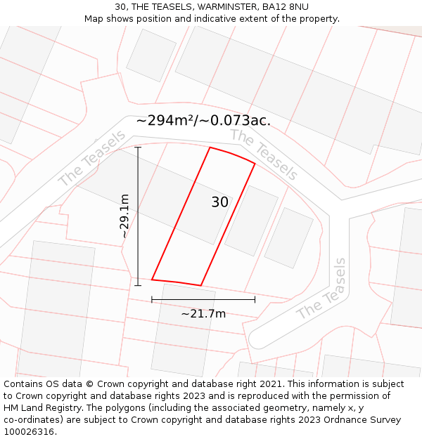 30, THE TEASELS, WARMINSTER, BA12 8NU: Plot and title map
