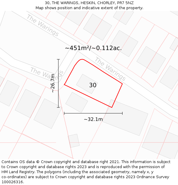 30, THE WARINGS, HESKIN, CHORLEY, PR7 5NZ: Plot and title map