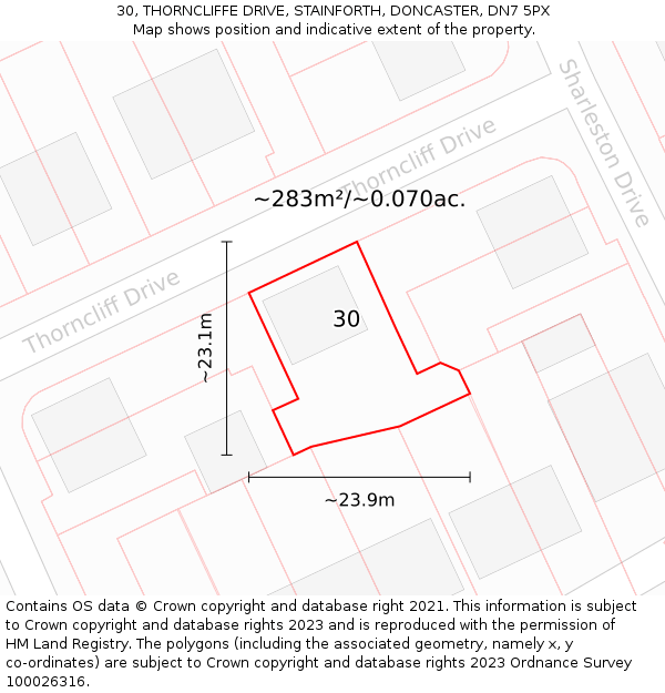 30, THORNCLIFFE DRIVE, STAINFORTH, DONCASTER, DN7 5PX: Plot and title map