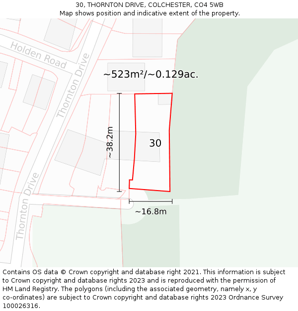30, THORNTON DRIVE, COLCHESTER, CO4 5WB: Plot and title map