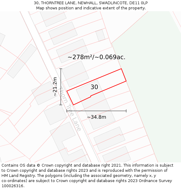 30, THORNTREE LANE, NEWHALL, SWADLINCOTE, DE11 0LP: Plot and title map
