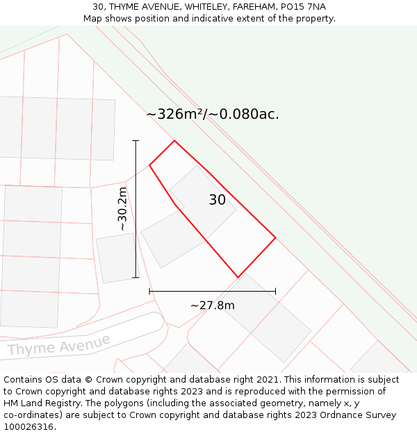 30, THYME AVENUE, WHITELEY, FAREHAM, PO15 7NA: Plot and title map