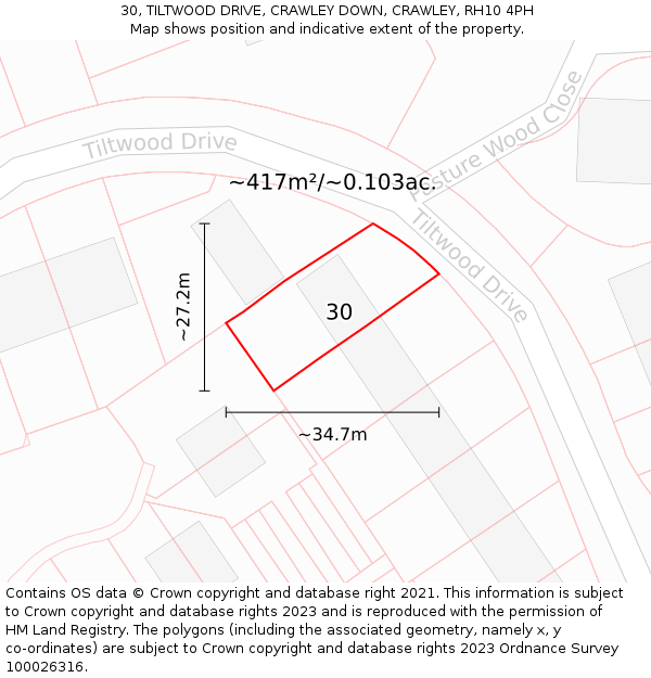30, TILTWOOD DRIVE, CRAWLEY DOWN, CRAWLEY, RH10 4PH: Plot and title map