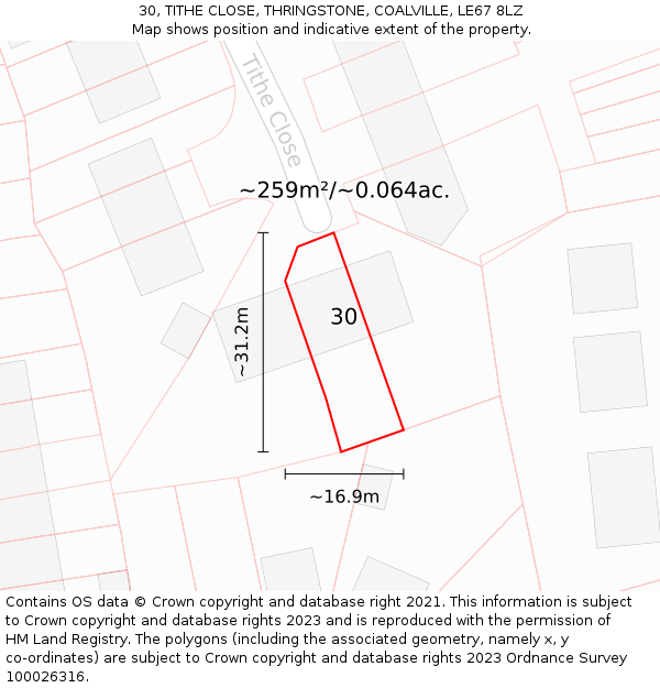 30, TITHE CLOSE, THRINGSTONE, COALVILLE, LE67 8LZ: Plot and title map