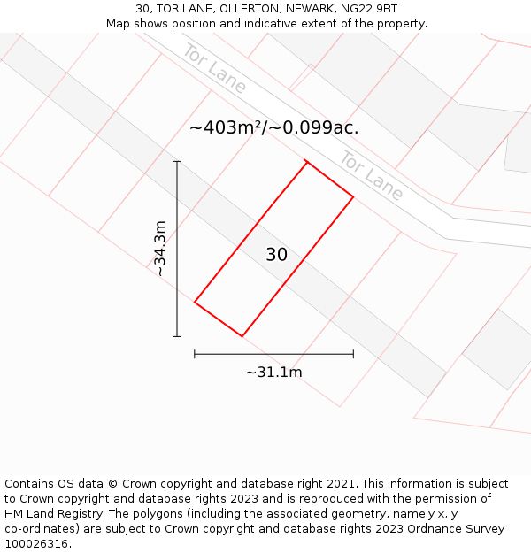30, TOR LANE, OLLERTON, NEWARK, NG22 9BT: Plot and title map