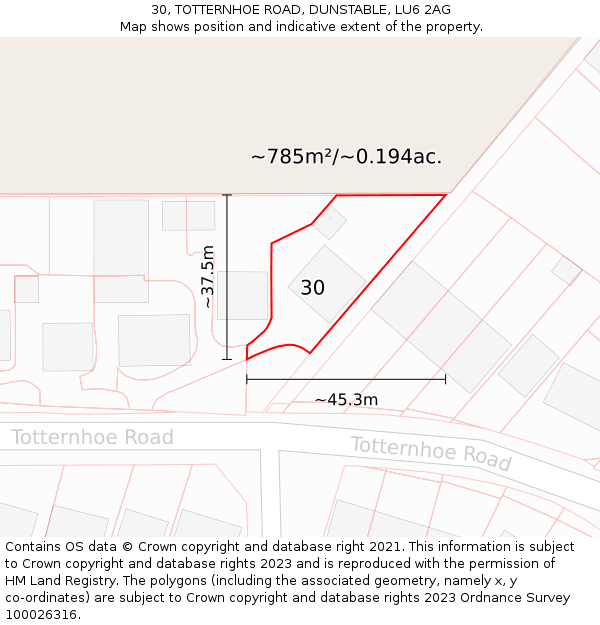 30, TOTTERNHOE ROAD, DUNSTABLE, LU6 2AG: Plot and title map