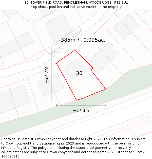 30, TOWER FIELD ROAD, RENDLESHAM, WOODBRIDGE, IP12 2UL: Plot and title map
