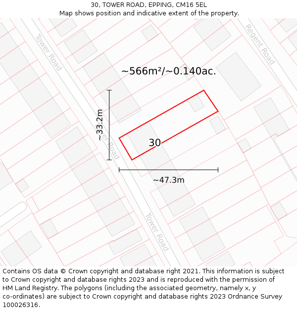 30, TOWER ROAD, EPPING, CM16 5EL: Plot and title map