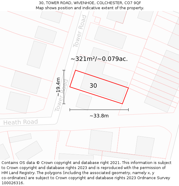 30, TOWER ROAD, WIVENHOE, COLCHESTER, CO7 9QF: Plot and title map