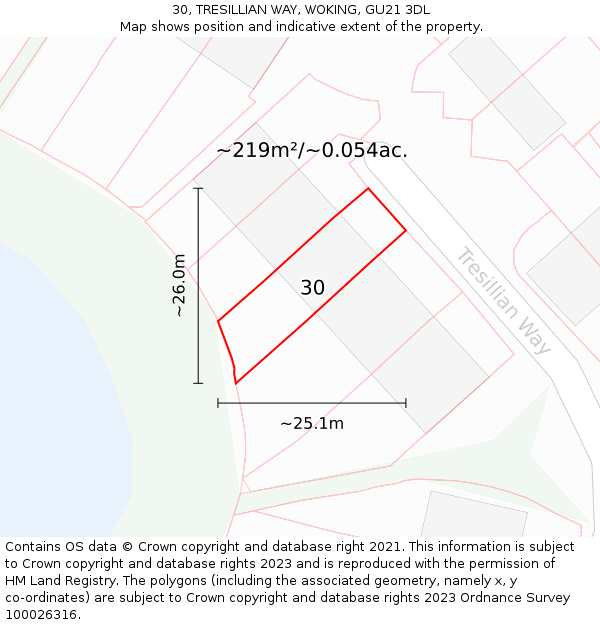 30, TRESILLIAN WAY, WOKING, GU21 3DL: Plot and title map