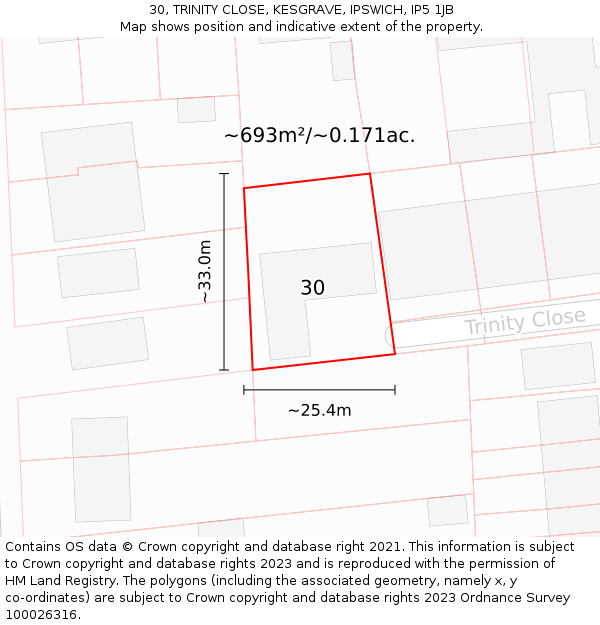30, TRINITY CLOSE, KESGRAVE, IPSWICH, IP5 1JB: Plot and title map