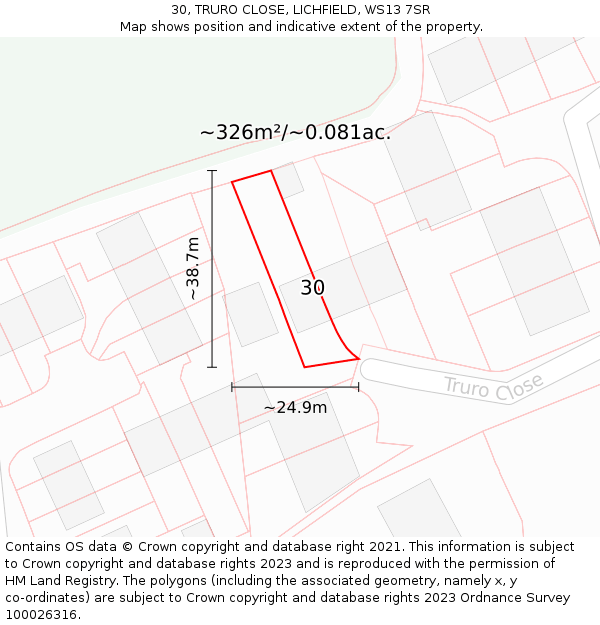 30, TRURO CLOSE, LICHFIELD, WS13 7SR: Plot and title map