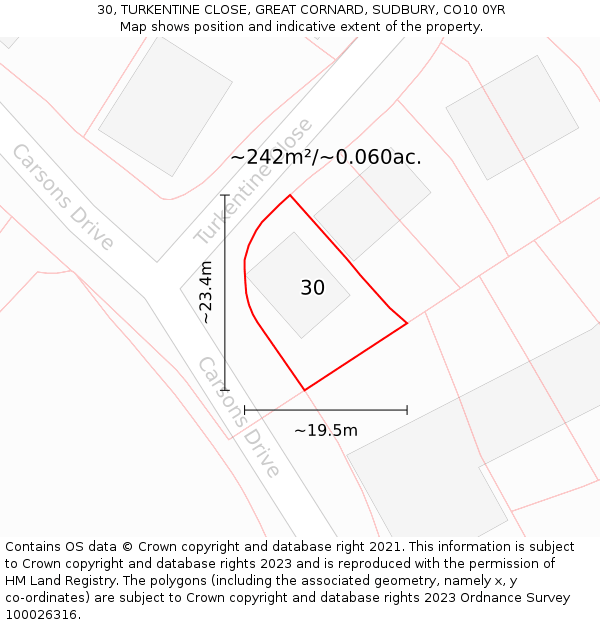 30, TURKENTINE CLOSE, GREAT CORNARD, SUDBURY, CO10 0YR: Plot and title map