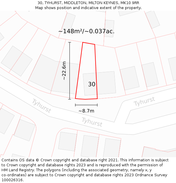30, TYHURST, MIDDLETON, MILTON KEYNES, MK10 9RR: Plot and title map