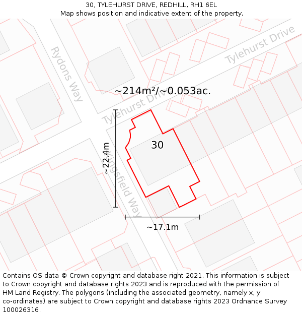 30, TYLEHURST DRIVE, REDHILL, RH1 6EL: Plot and title map