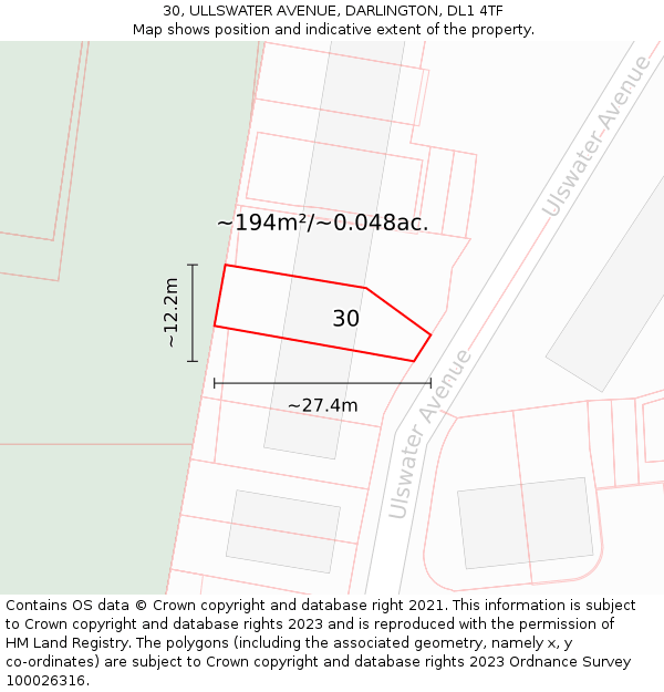 30, ULLSWATER AVENUE, DARLINGTON, DL1 4TF: Plot and title map