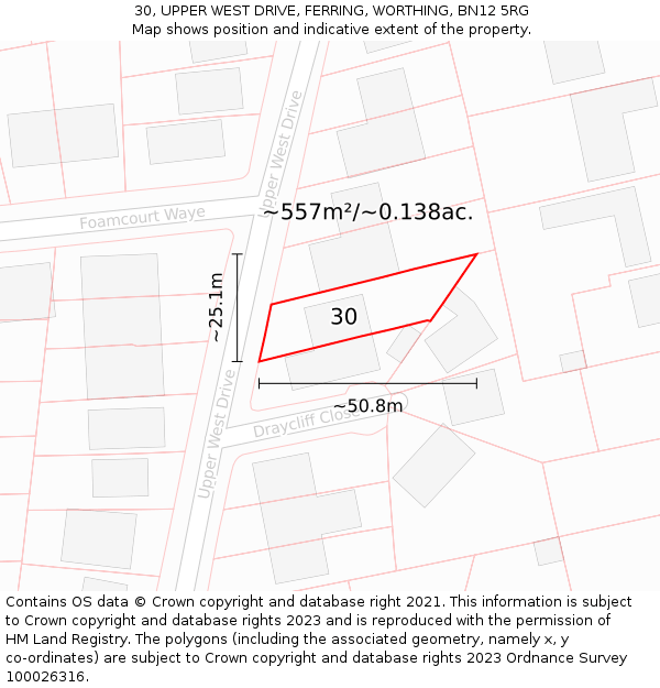 30, UPPER WEST DRIVE, FERRING, WORTHING, BN12 5RG: Plot and title map
