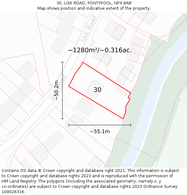 30, USK ROAD, PONTYPOOL, NP4 8AB: Plot and title map