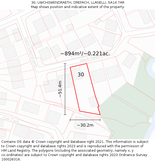 30, UWCHGWENDRAETH, DREFACH, LLANELLI, SA14 7AR: Plot and title map