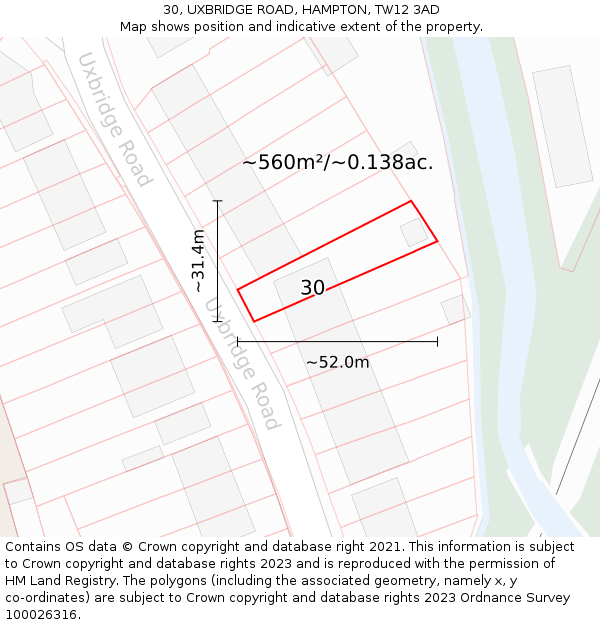 30, UXBRIDGE ROAD, HAMPTON, TW12 3AD: Plot and title map