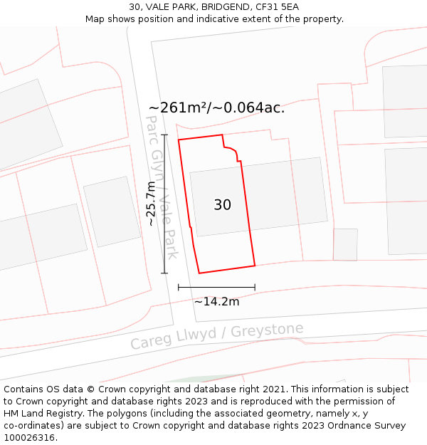 30, VALE PARK, BRIDGEND, CF31 5EA: Plot and title map