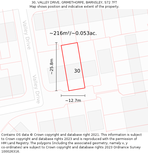 30, VALLEY DRIVE, GRIMETHORPE, BARNSLEY, S72 7FT: Plot and title map