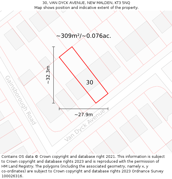 30, VAN DYCK AVENUE, NEW MALDEN, KT3 5NQ: Plot and title map