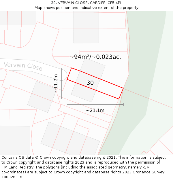 30, VERVAIN CLOSE, CARDIFF, CF5 4PL: Plot and title map