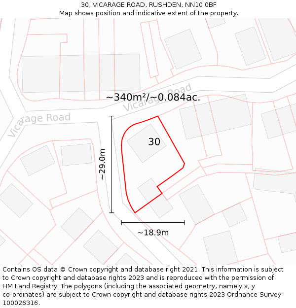 30, VICARAGE ROAD, RUSHDEN, NN10 0BF: Plot and title map