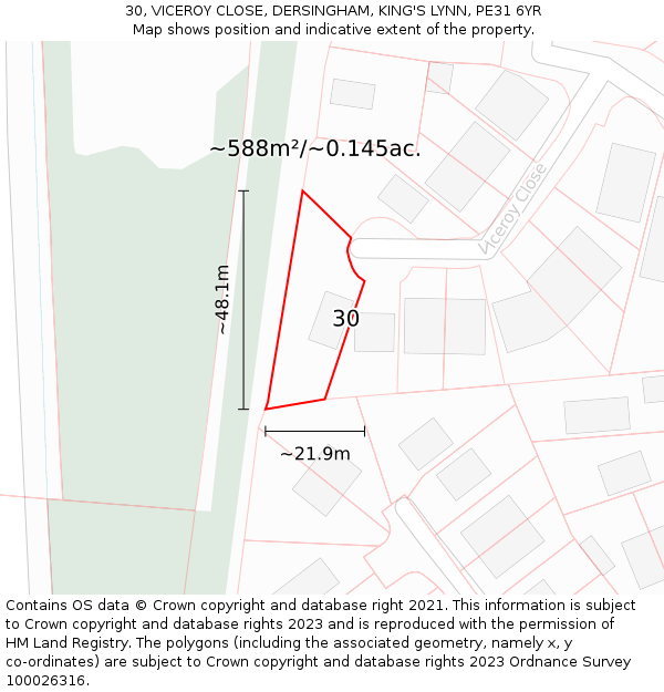 30, VICEROY CLOSE, DERSINGHAM, KING'S LYNN, PE31 6YR: Plot and title map