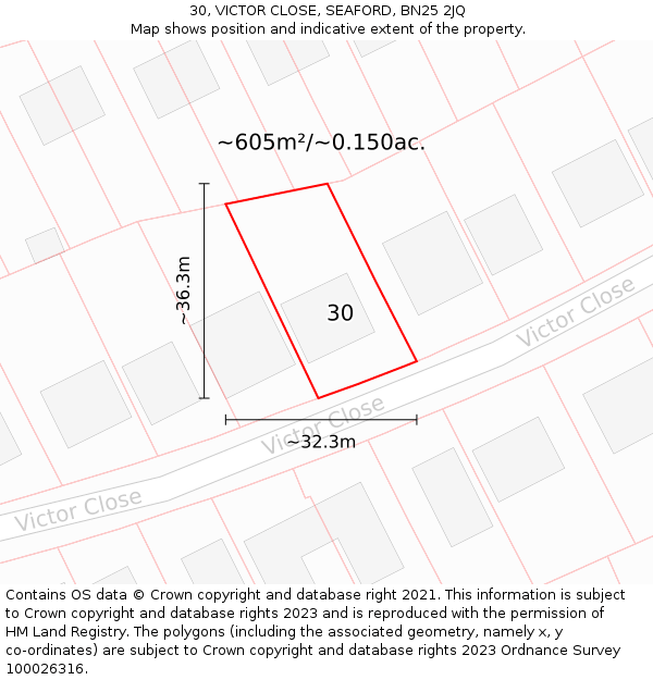 30, VICTOR CLOSE, SEAFORD, BN25 2JQ: Plot and title map