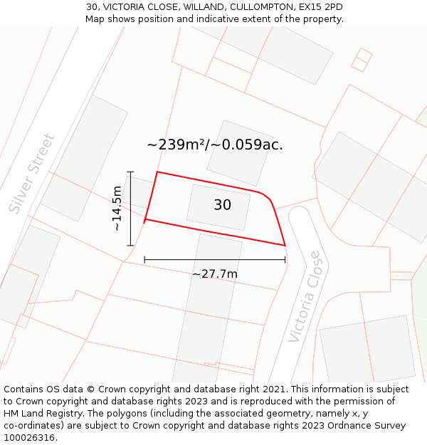 30, VICTORIA CLOSE, WILLAND, CULLOMPTON, EX15 2PD: Plot and title map