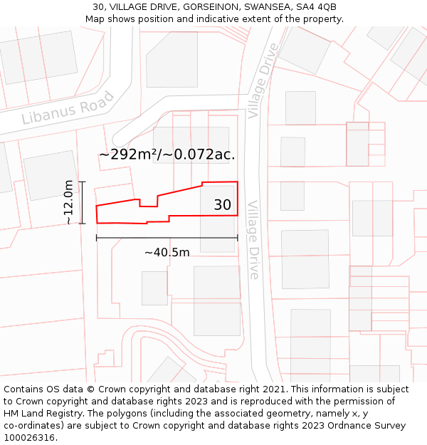 30, VILLAGE DRIVE, GORSEINON, SWANSEA, SA4 4QB: Plot and title map