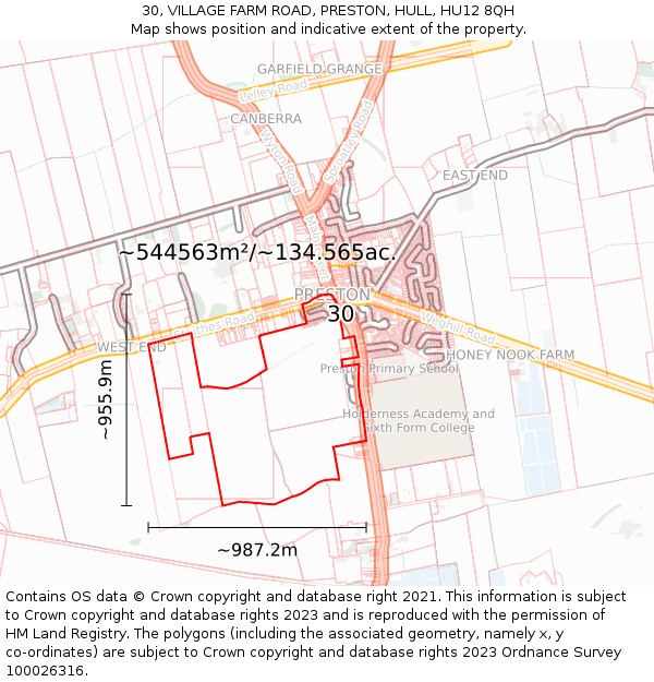 30, VILLAGE FARM ROAD, PRESTON, HULL, HU12 8QH: Plot and title map