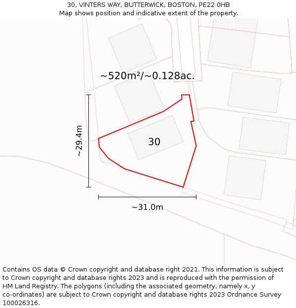 30, VINTERS WAY, BUTTERWICK, BOSTON, PE22 0HB: Plot and title map