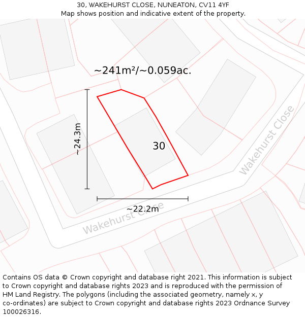 30, WAKEHURST CLOSE, NUNEATON, CV11 4YF: Plot and title map