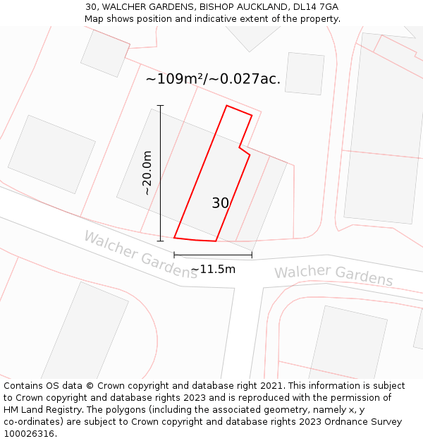 30, WALCHER GARDENS, BISHOP AUCKLAND, DL14 7GA: Plot and title map