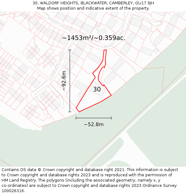 30, WALDORF HEIGHTS, BLACKWATER, CAMBERLEY, GU17 9JH: Plot and title map