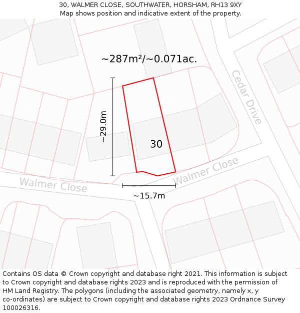 30, WALMER CLOSE, SOUTHWATER, HORSHAM, RH13 9XY: Plot and title map