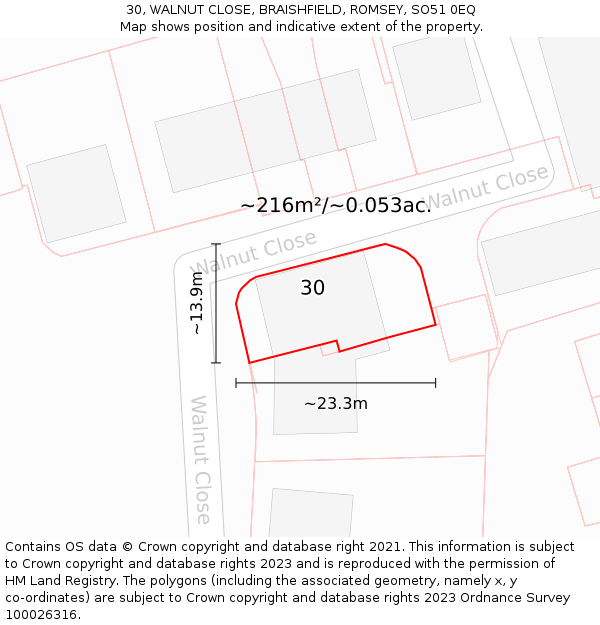 30, WALNUT CLOSE, BRAISHFIELD, ROMSEY, SO51 0EQ: Plot and title map