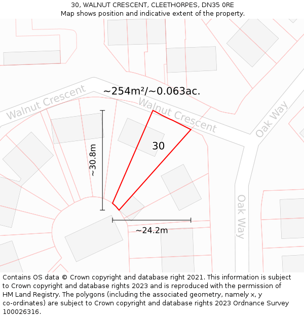 30, WALNUT CRESCENT, CLEETHORPES, DN35 0RE: Plot and title map