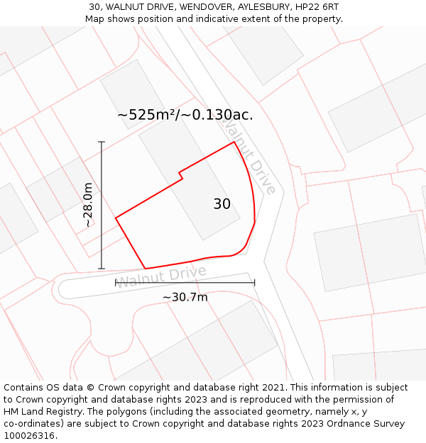 30, WALNUT DRIVE, WENDOVER, AYLESBURY, HP22 6RT: Plot and title map