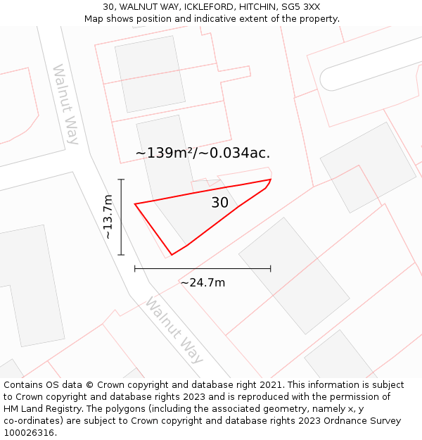 30, WALNUT WAY, ICKLEFORD, HITCHIN, SG5 3XX: Plot and title map